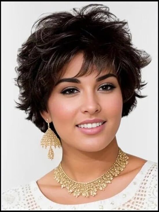 Short Curly Wigs for Women Shaggy Layered Pixie Cut with Bangs Heat Synthetic main image 4